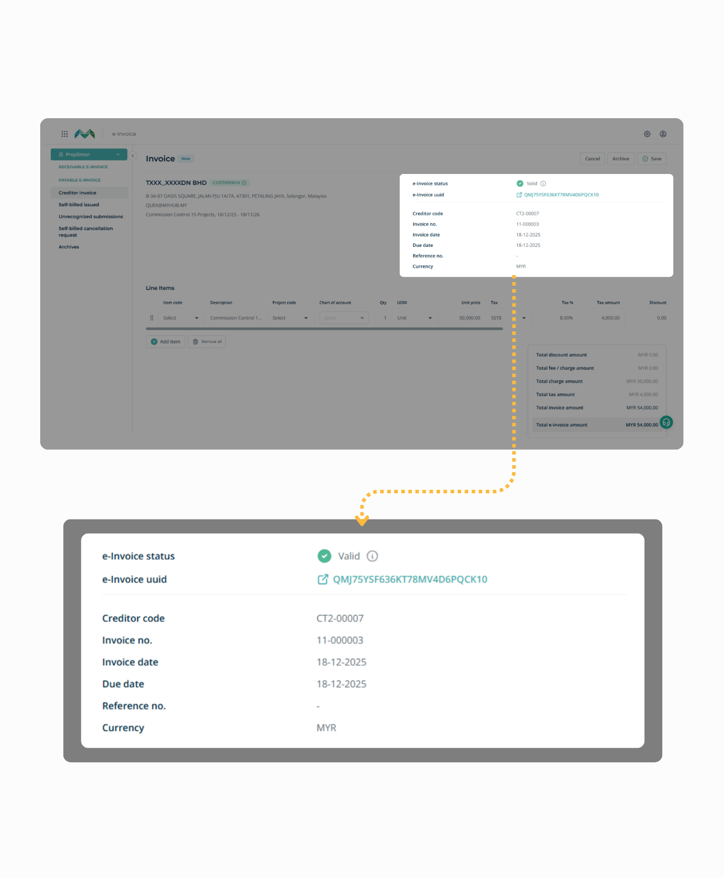 An MHub e-Invoice creditor invoice, with its e-Invoice status, UUID and invoice details enlarged below it.
