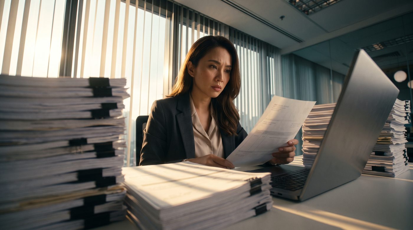 A woman in office wear at her desk in a Kuala Lumpur office, checking a printed progress claim against her laptop, hemmed in by tall stacks of bound invoice paperwork in late afternoon light