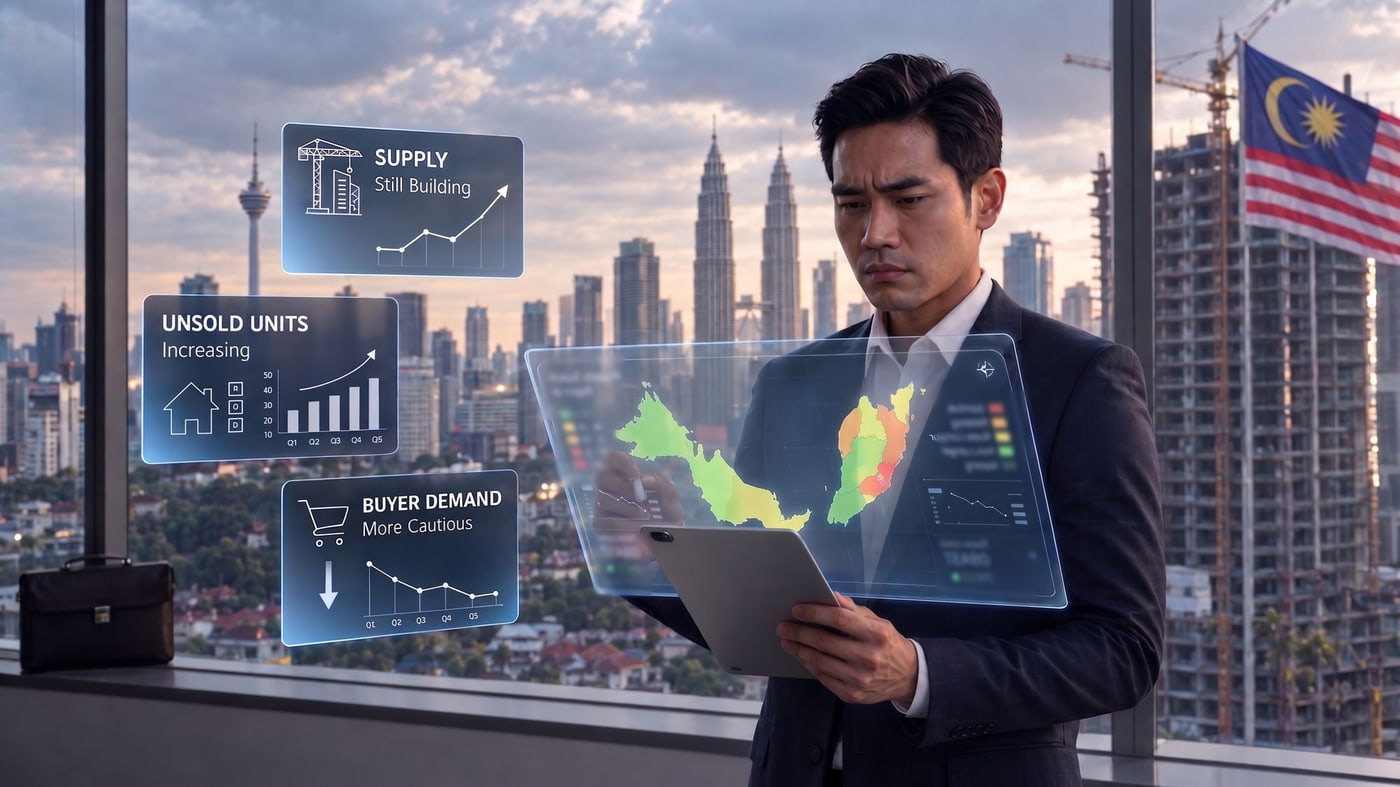 A property developer in a dark suit stands at a window holding a tablet, studying a large translucent display that shows a colour-coded map of Malaysia shading from green to red. Behind him, through the window, the Kuala Lumpur skyline and a Malaysian flag, with tower cranes over an unfinished high-rise. Three data panels float over the view, reading Supply Still Building with a rising line, Unsold Units Increasing with a rising bar chart, and Buyer Demand More Cautious with a falling line