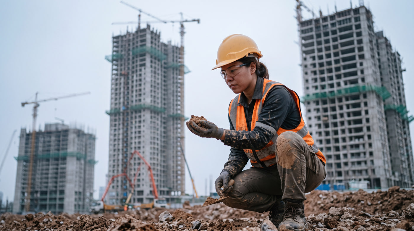 A site engineer in a yellow hard hat, safety glasses and an orange high-visibility vest crouches on churned earth at a construction site, studying a handful of soil in one gloved hand with a trowel in the other. Behind, out of focus under an overcast sky, three half-built residential towers stand among cranes, with green safety netting and a concrete pump truck