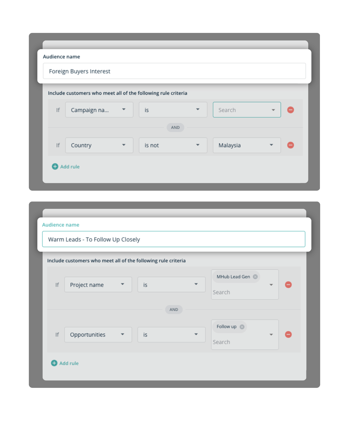 Two MHub CRM audiences built from rules: foreign buyers by campaign and country, and warm leads by project and opportunity stage.