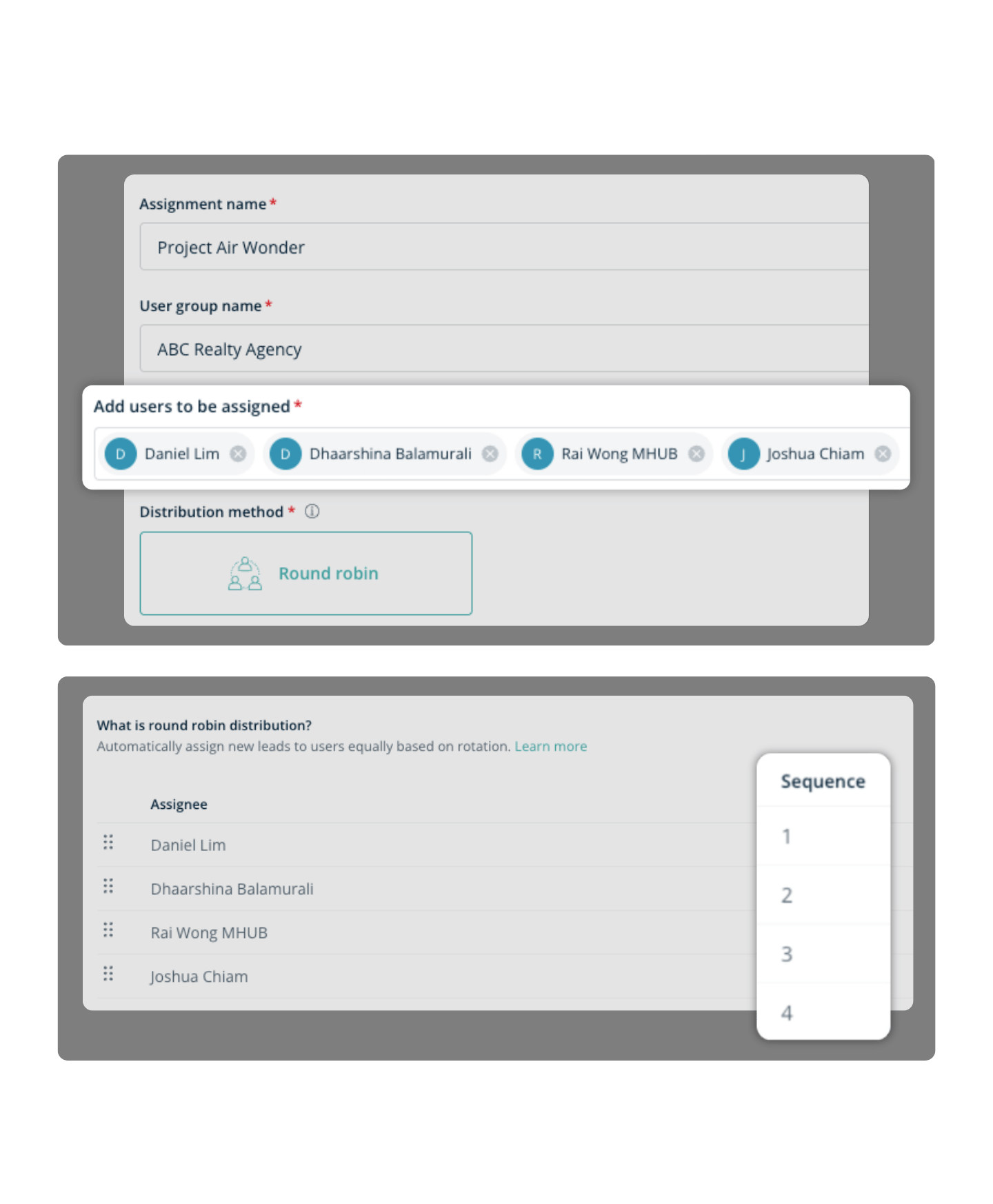 An MHub CRM assignment rule distributing a project's leads to four sales users by round robin, in a set sequence.