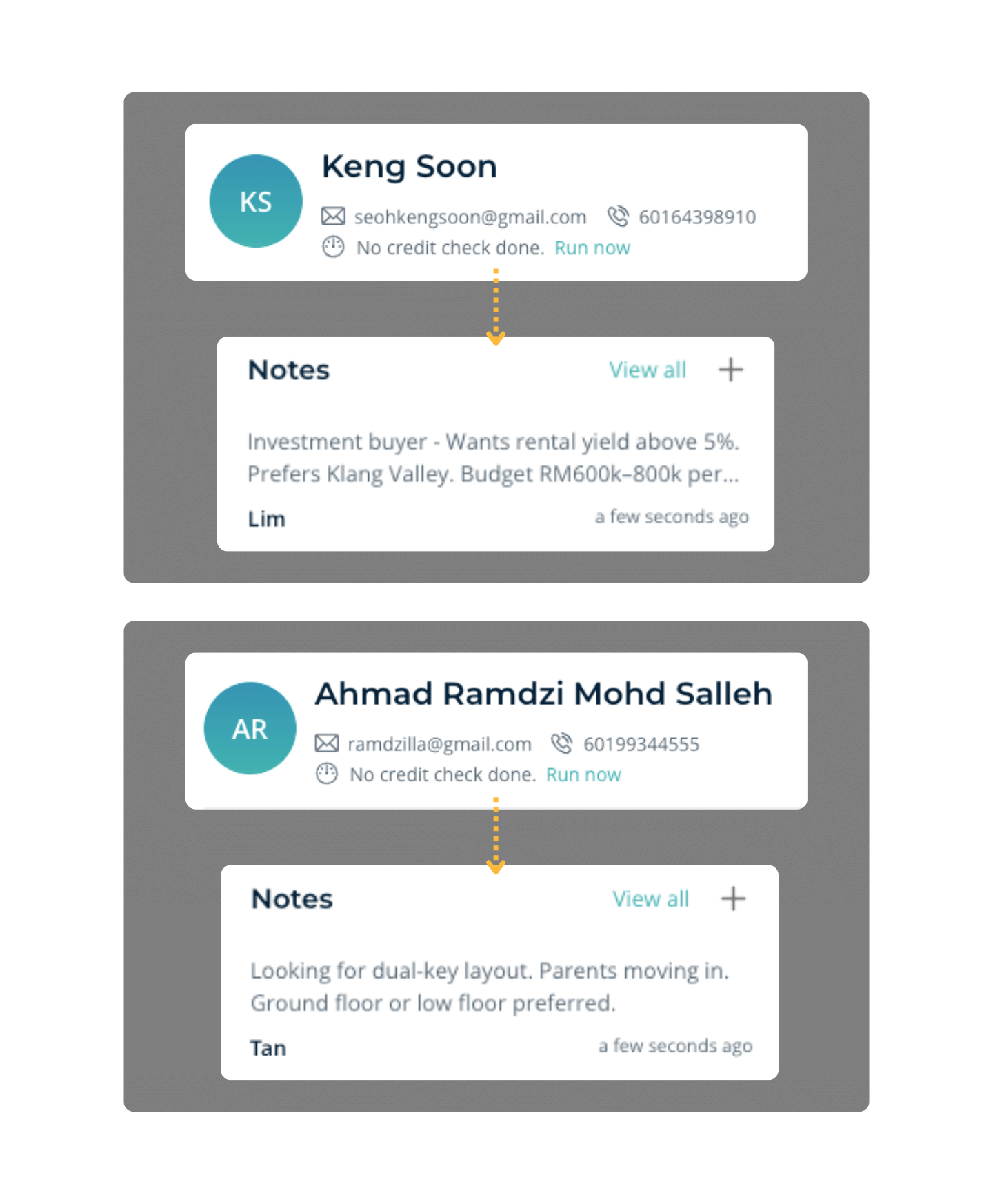 Two buyer contacts in MHub CRM, each carrying its own notes on budget, preferences and layout.
