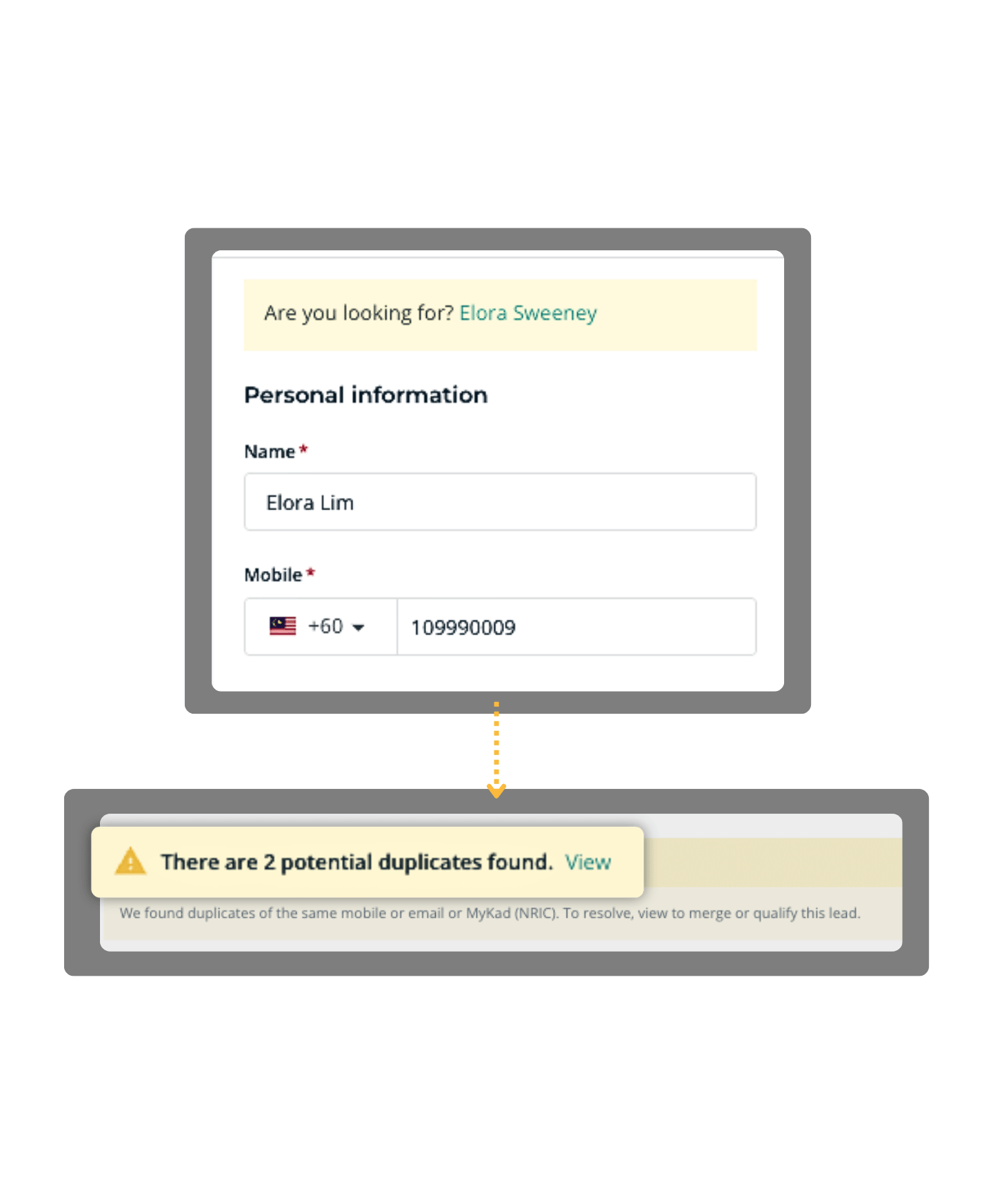 A new lead's details in MHub CRM raising a warning that two potential duplicates were found.