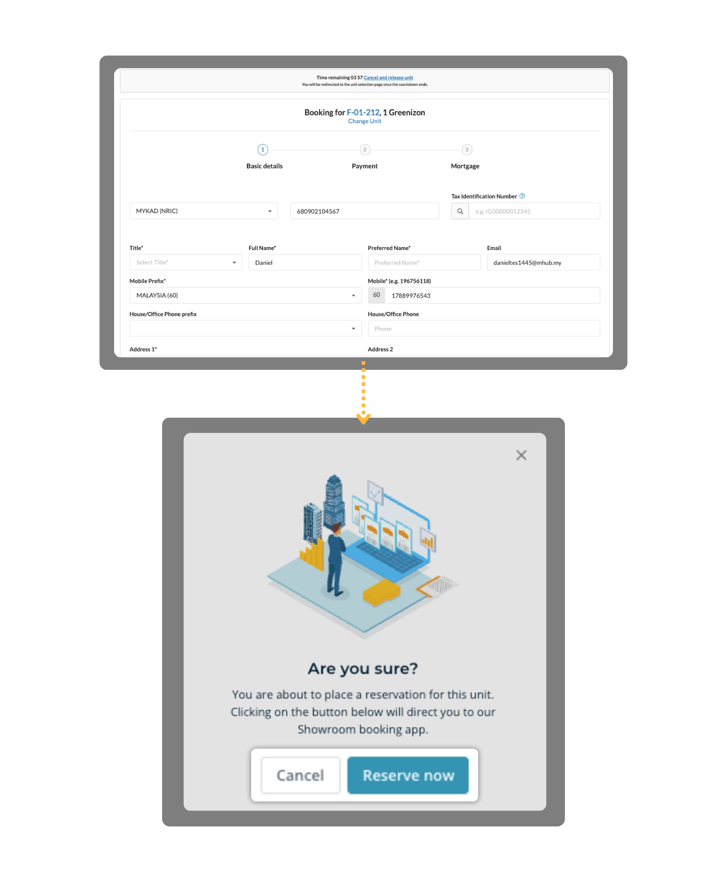 A booking form in MHub CRM with a confirmation to place the reservation in Showroom.