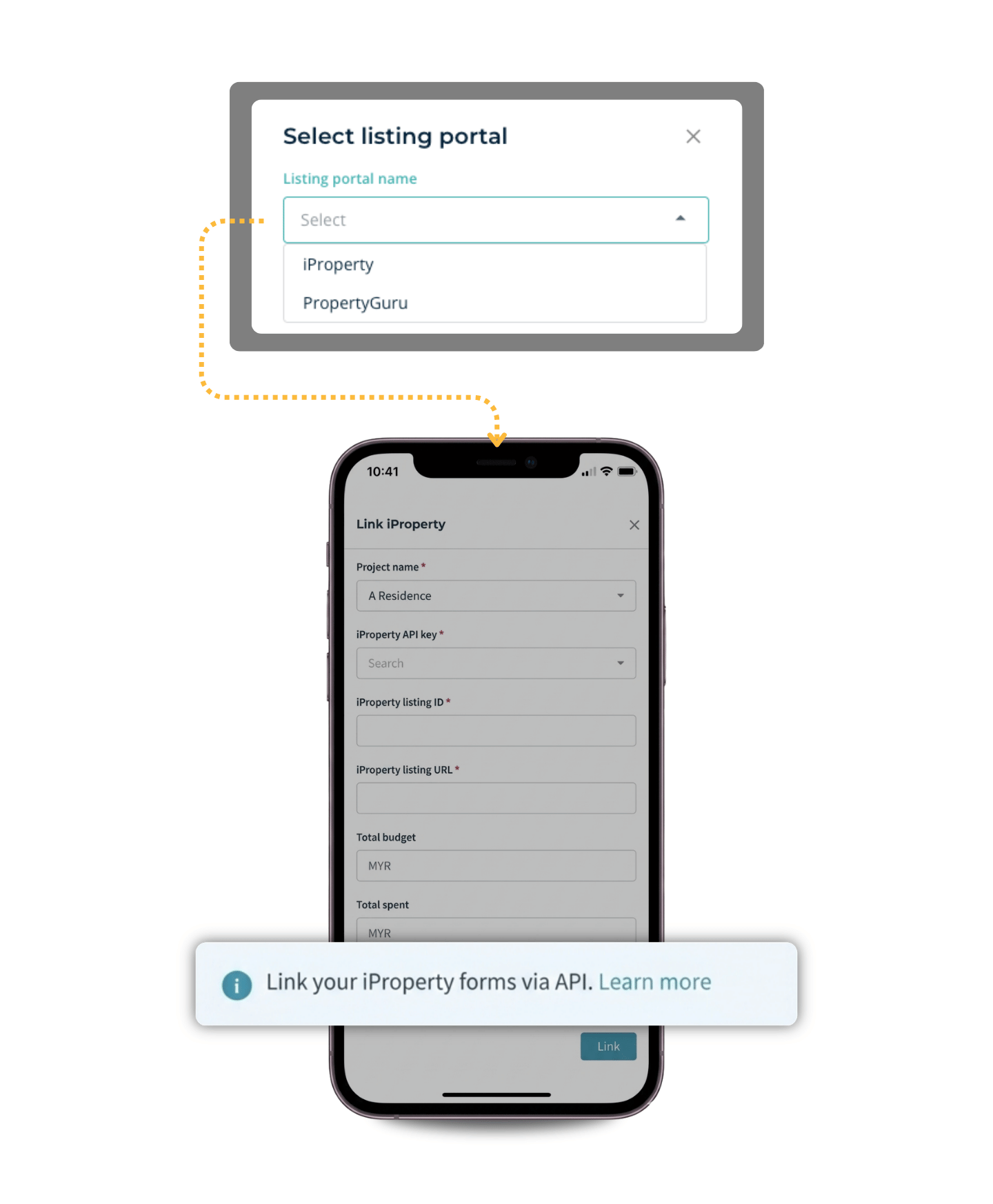 Choosing iProperty or PropertyGuru as the listing portal in MHub CRM, with iProperty forms linked through the API.