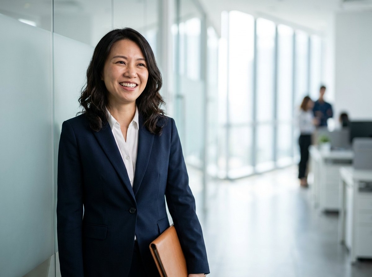 A credit control manager standing in an open-plan office, holding a folder, with colleagues talking in the background.
