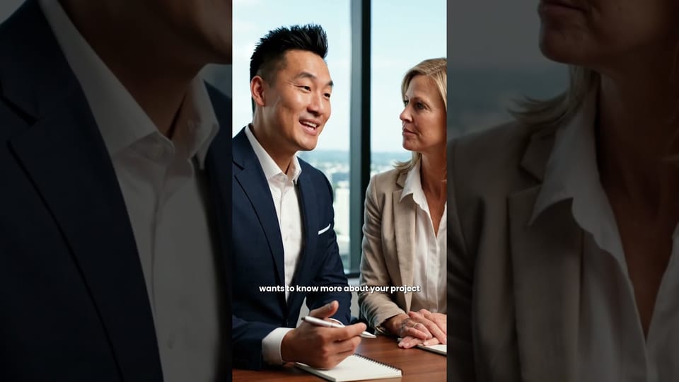 Two people in business dress talking at a meeting table by a window, with the on-screen caption "wants to know more about your project".