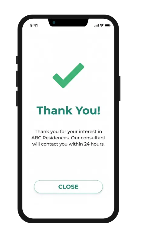 The SalesCandy mobile app confirming a captured enquiry, telling the buyer a consultant will be in touch within 24 hours.