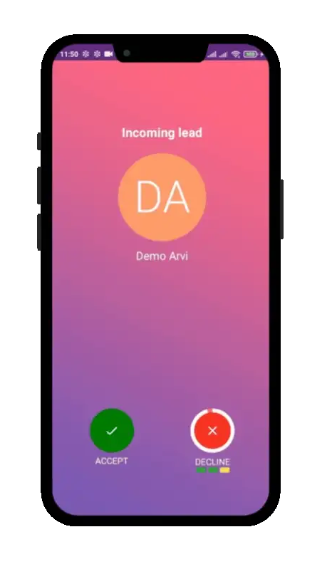 An incoming lead alert in the SalesCandy mobile app, with accept and decline controls and a countdown ring running down before the lead reroutes.