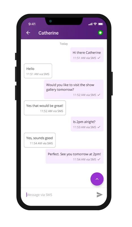 A tracked buyer conversation in the SalesCandy mobile app, arranging a show gallery visit for 2pm the next day.