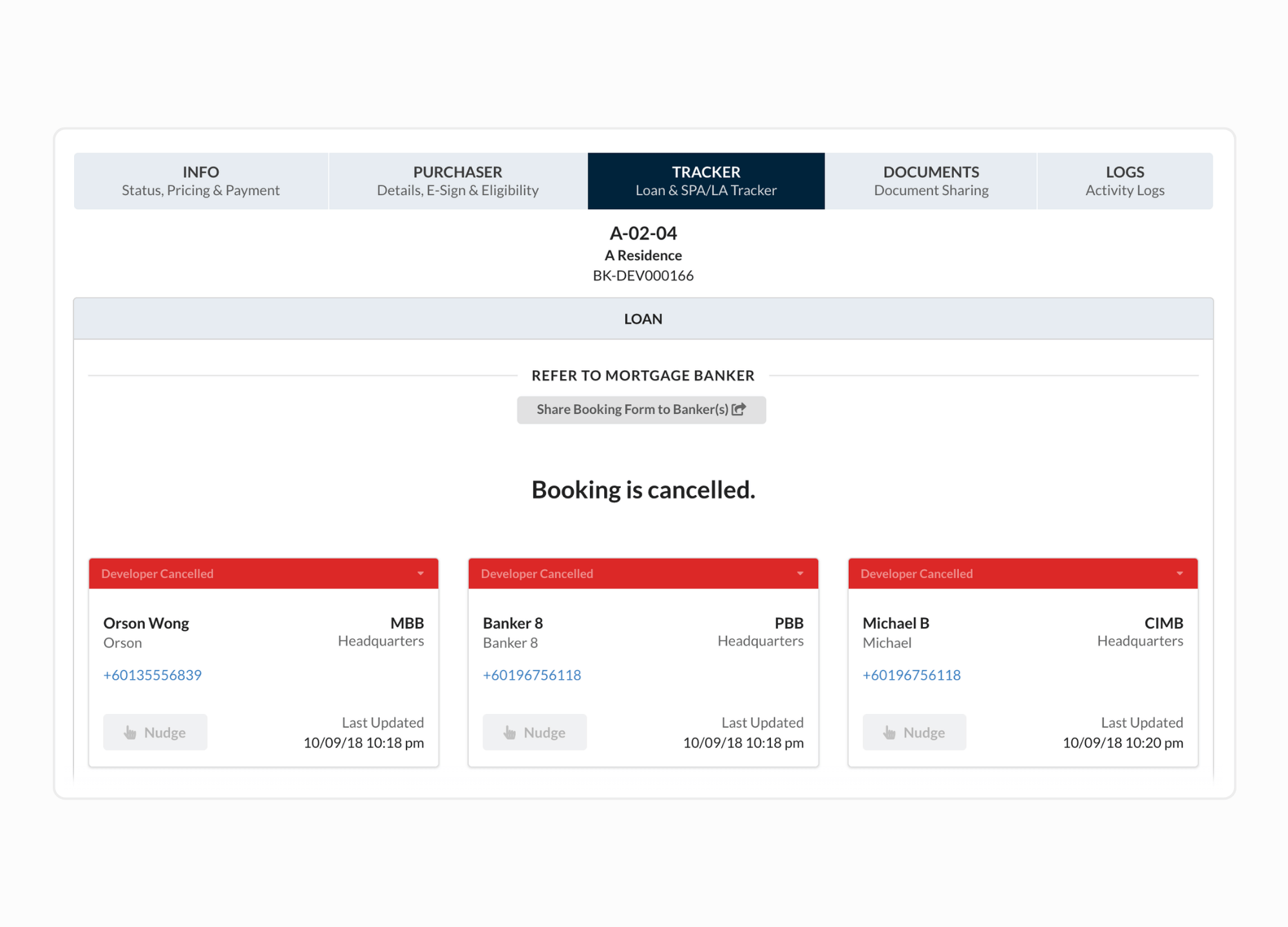A booking's loan tracker in MHub, with a status card for each referred mortgage banker and when it was last updated.