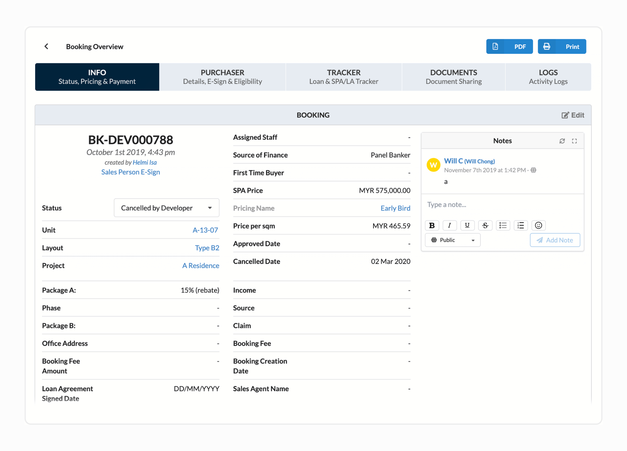 A Showroom booking overview: booking status, SPA price and financing details, with a notes panel beside them.