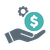 A hand holding a coin beside a settings gear, for an approved transaction.