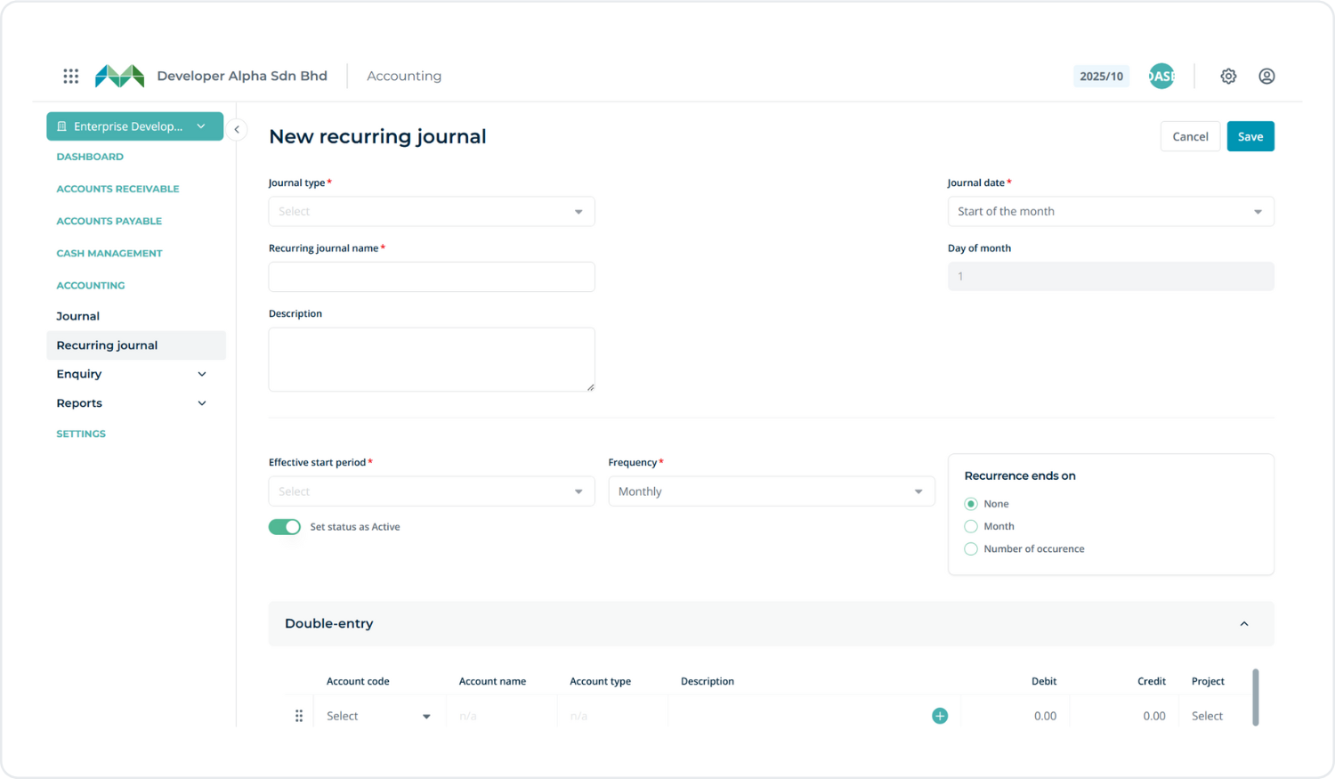 New recurring journal template form with journal type, date, and frequency fields