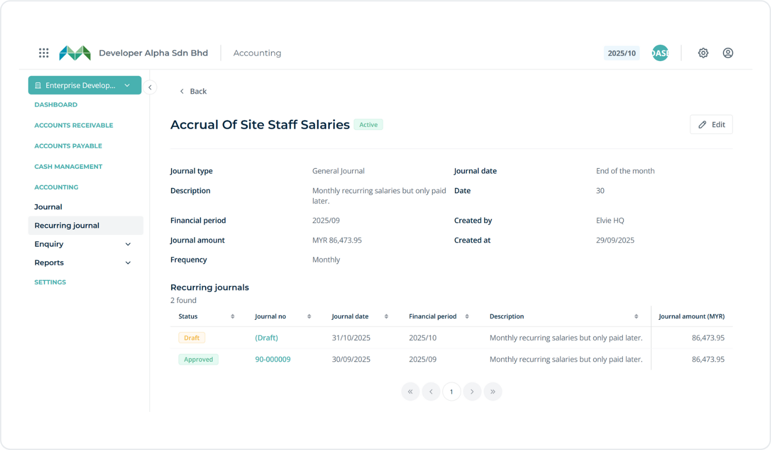 Recurring journal template schedule configuration