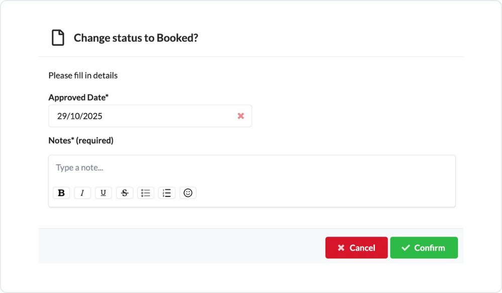 将预订状态更改为 Booked 时的已批准日期字段