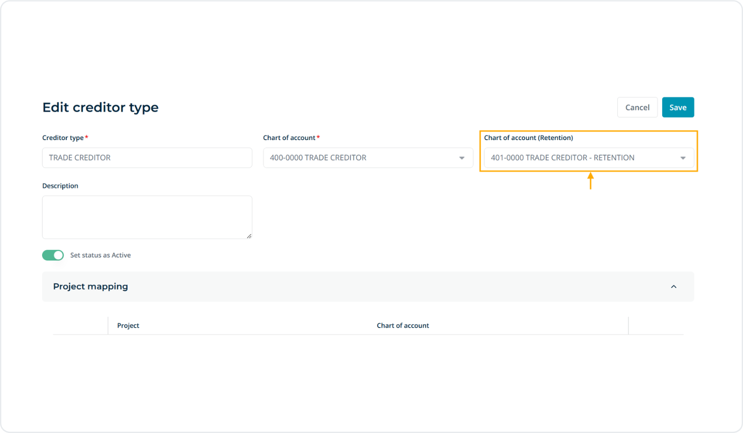 Chart of account setup for Retention by creditor type