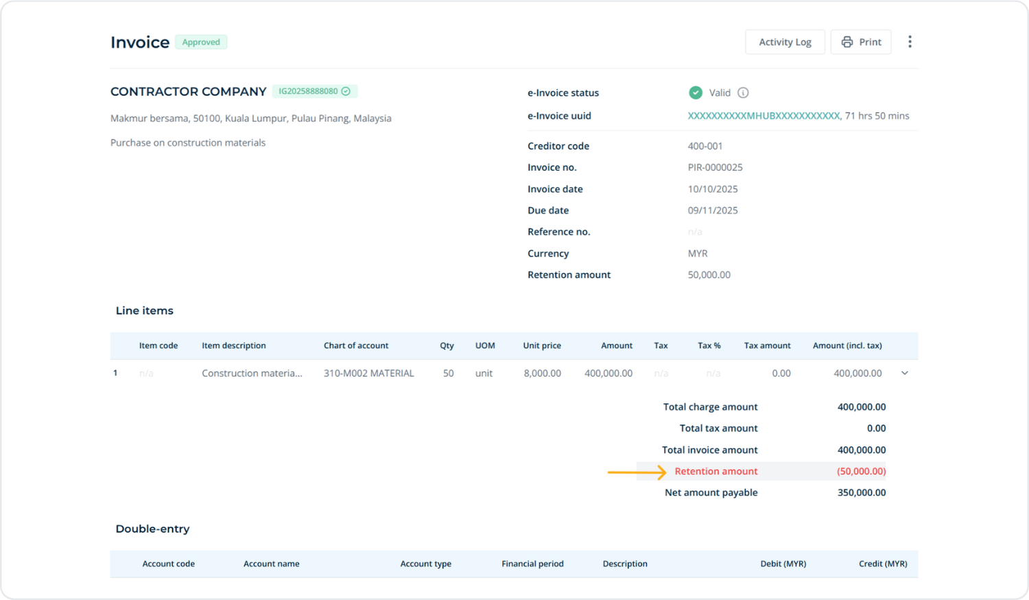 Retention amount shown on the invoice summary