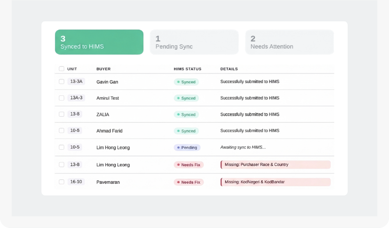 An MHub booking status view showing synced, pending, and needs-attention states.
