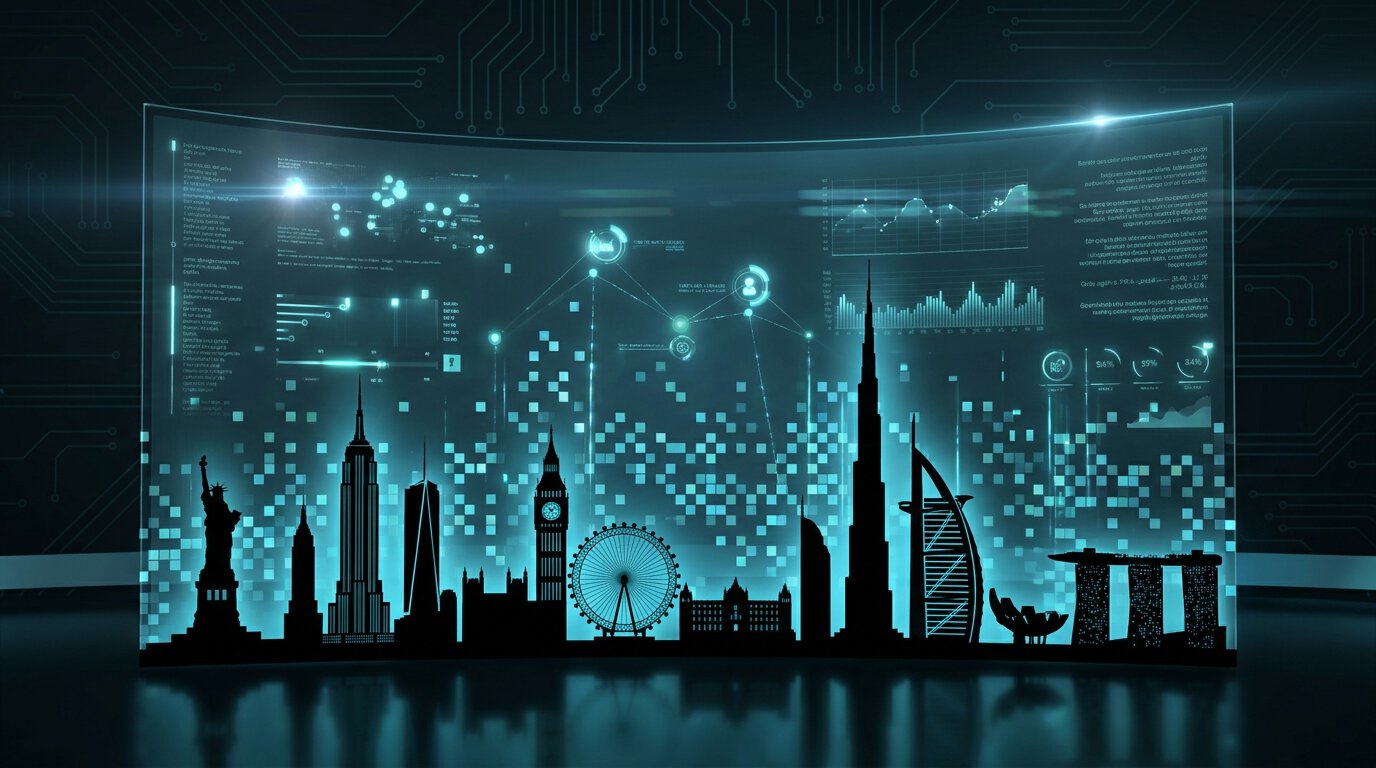 Glowing data wall of world-city landmarks dissolving into pixels, overlaid with charts and network nodes