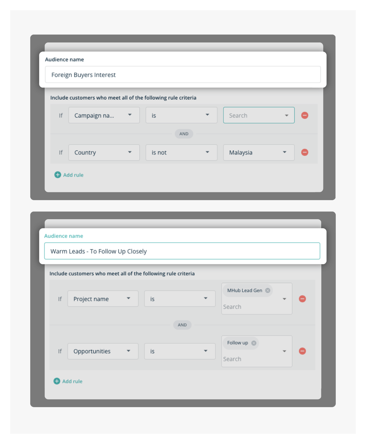 An MHub CRM audience segmented by project interest, lead stage, location and income bracket.