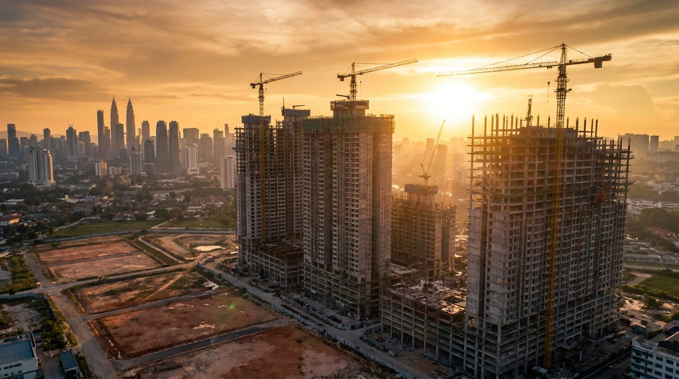 Aerial view of high-rise towers under construction at sunset, with the Kuala Lumpur skyline behind
