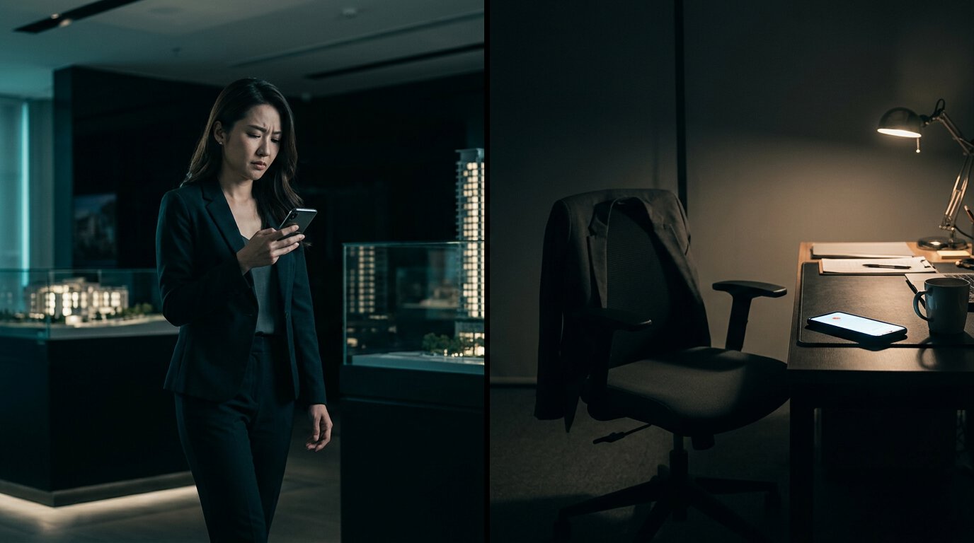 Split scene: a prospect checking her phone in an empty show gallery, and an unattended desk where a missed call lights up the phone