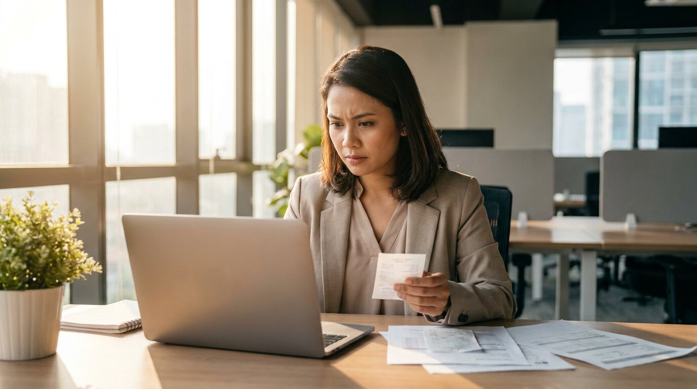 Finance executive comparing a printed receipt against invoices spread across her desk