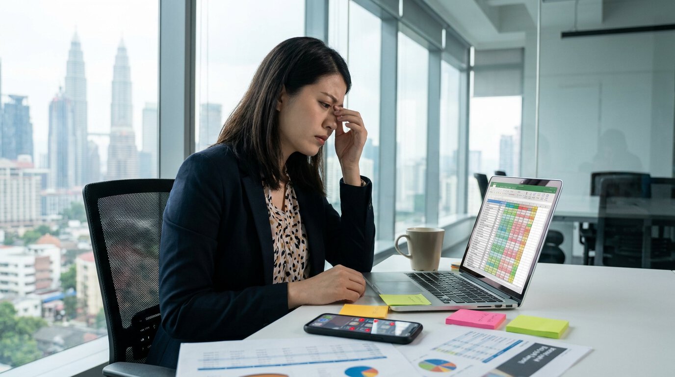 Property finance manager rubbing her eyes in front of a dense colour-coded loan tracking spreadsheet