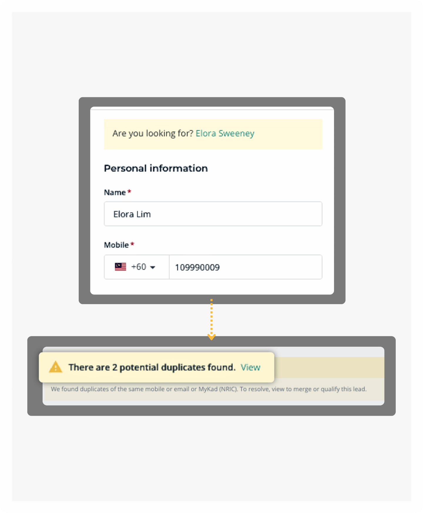 MHub CRM flagging the same buyer arriving from three channels and merging the records.