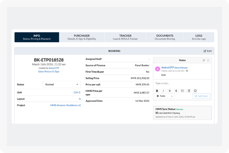 An MHub booking entered once and synced to HIMS instantly, with no re-keying or mismatches.