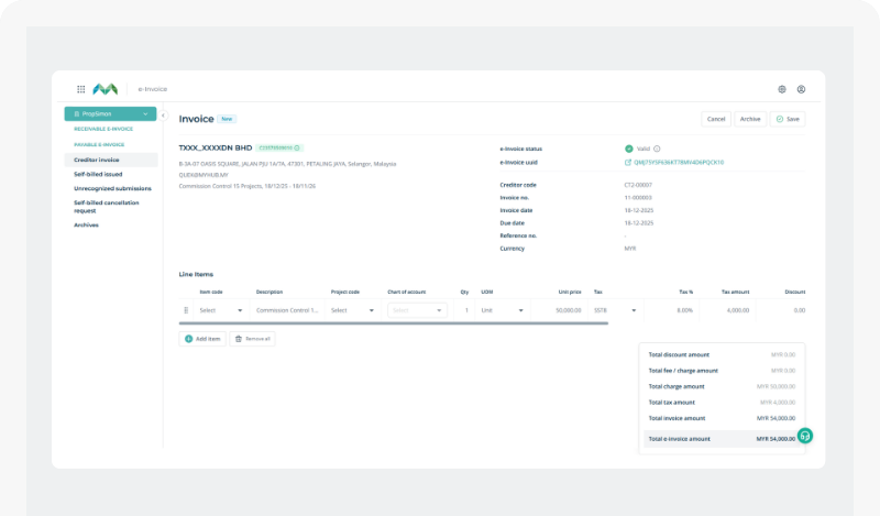 An MHub Accounting transaction list showing e-Invoice status and UUID against each approved entry.