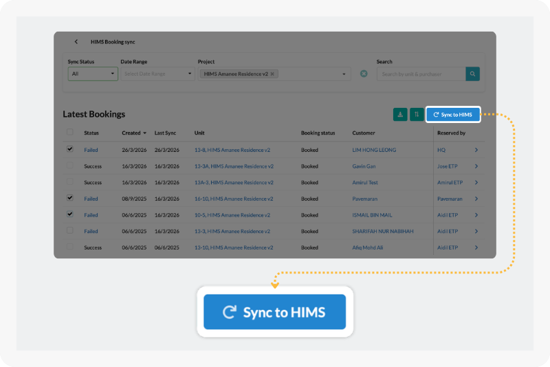 MHub bulk-syncing hundreds of bookings to HIMS in a single click.