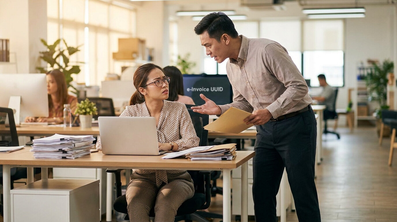 Colleagues disagreeing over an e-Invoice UUID on a monitor, surrounded by stacks of paper invoices
