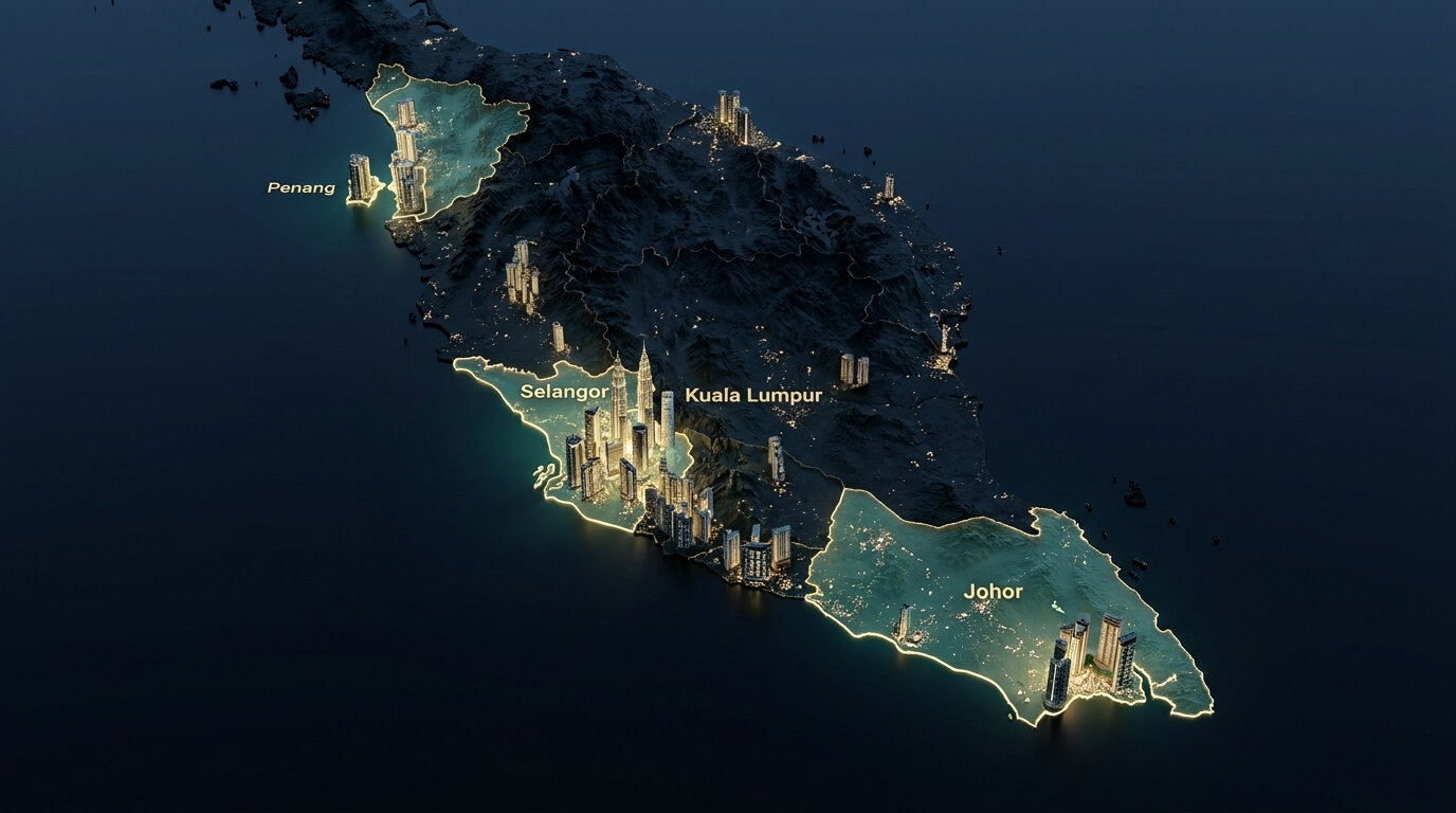 Night-time relief map of Peninsular Malaysia with Penang, Selangor, Kuala Lumpur and Johor lit by clusters of high-rise towers