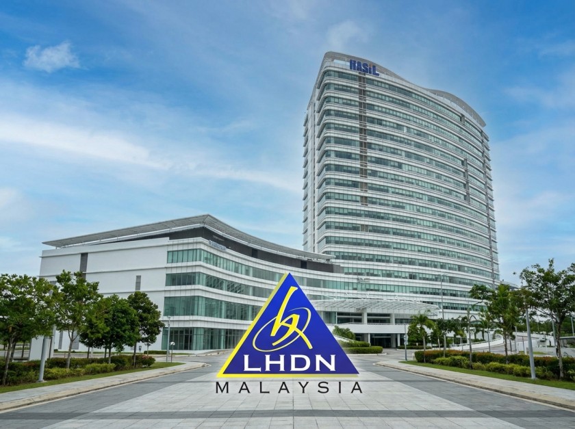 The LHDN Malaysia (Hasil) headquarters building with the LHDN Malaysia logo overlaid
