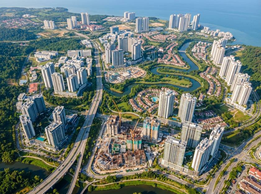 Aerial view of a Johor township of high-rise and landed housing, with a new project under construction and the sea beyond