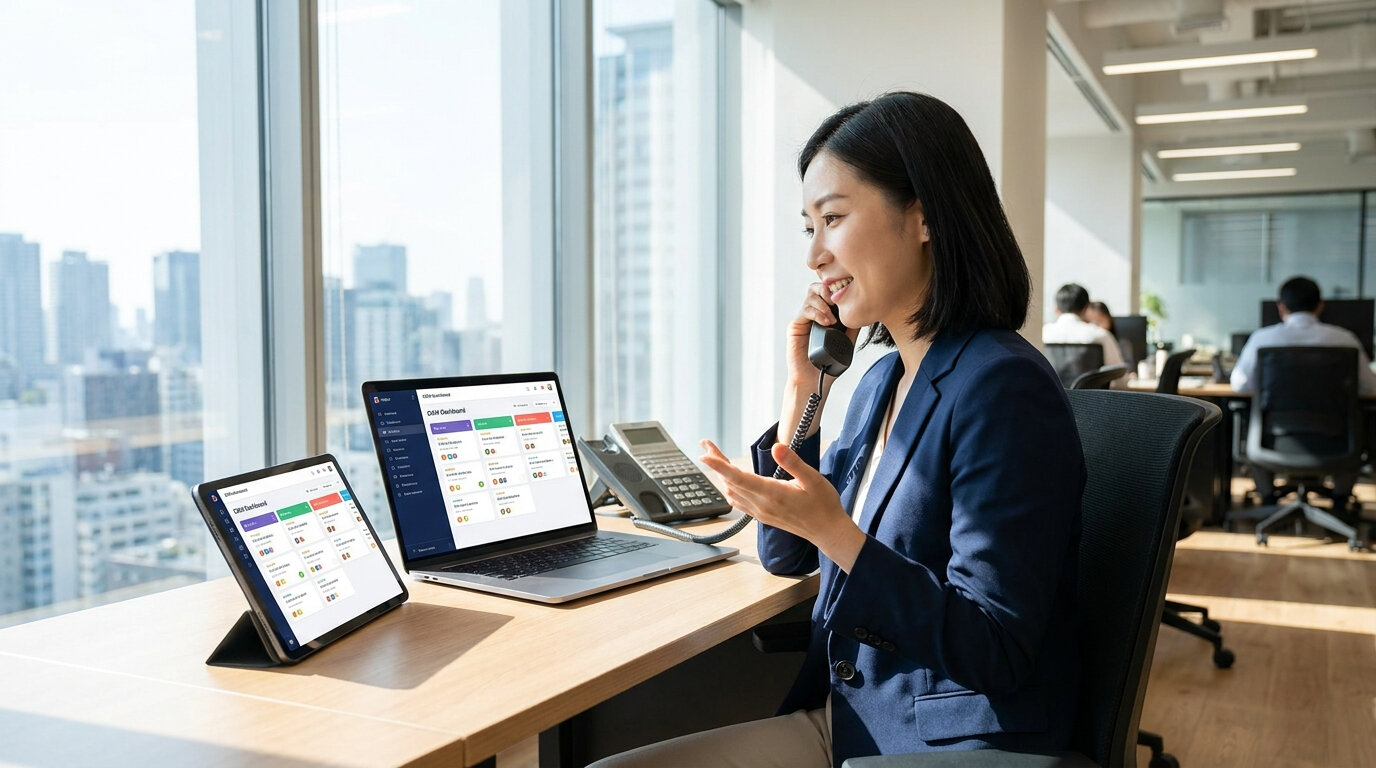 Sales executive on a call with a CRM dashboard open on both laptop and tablet
