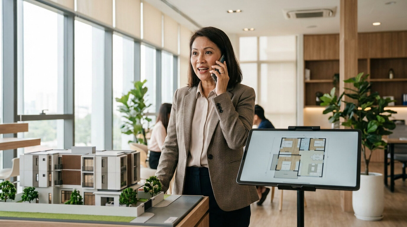 Sales agent taking a call in a property gallery beside a scale model and a tablet showing a unit floor plan