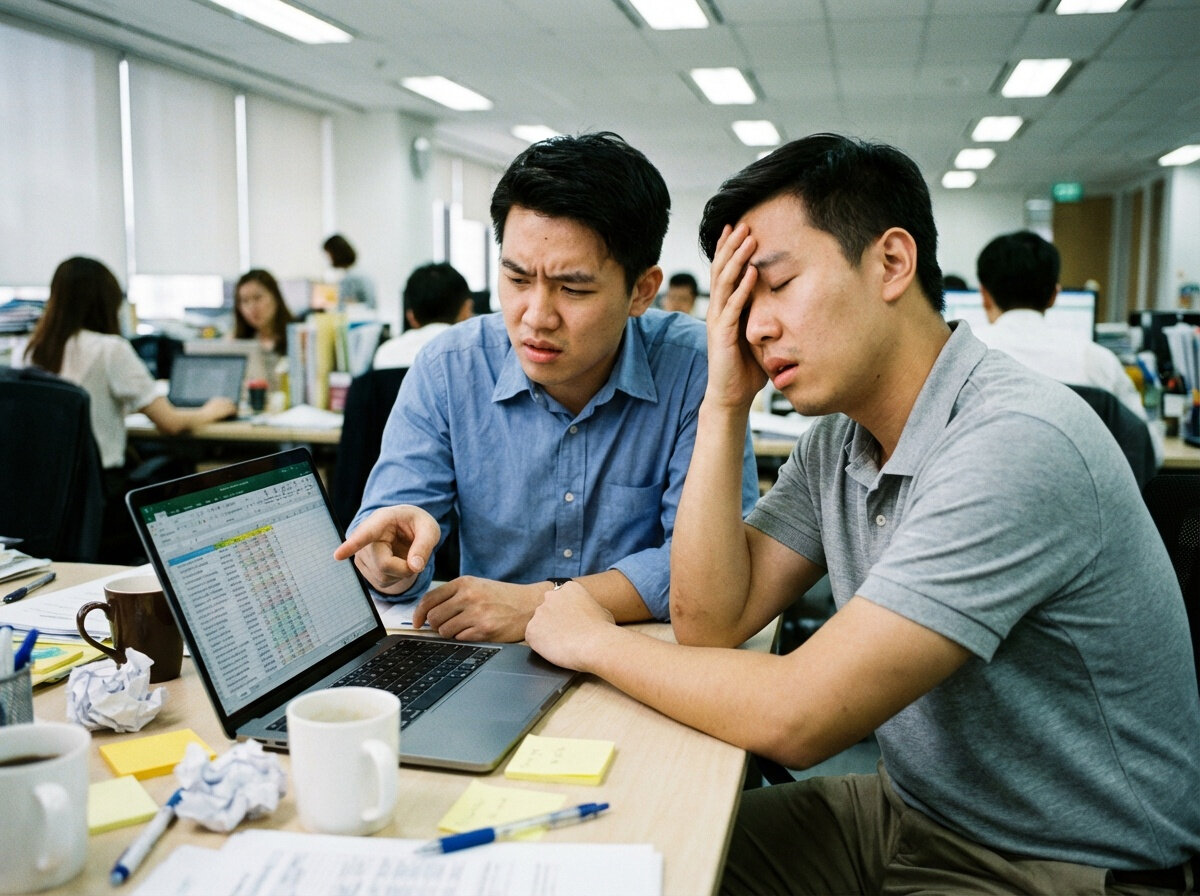 Two colleagues struggling over a spreadsheet in an open-plan office, surrounded by crumpled notes and coffee cups