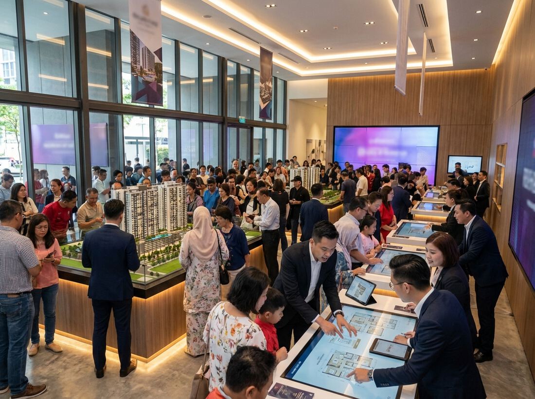 A crowded launch-day sales gallery where agents help buyers at scale models and touchscreen floor-plan tables