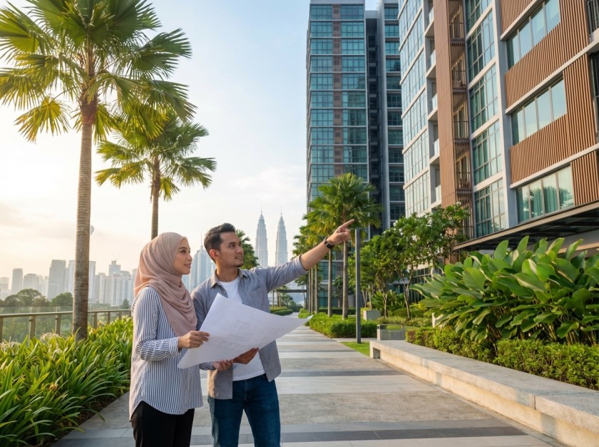 A couple holding a floor plan and pointing up at a newly completed condominium, with the Kuala Lumpur skyline behind