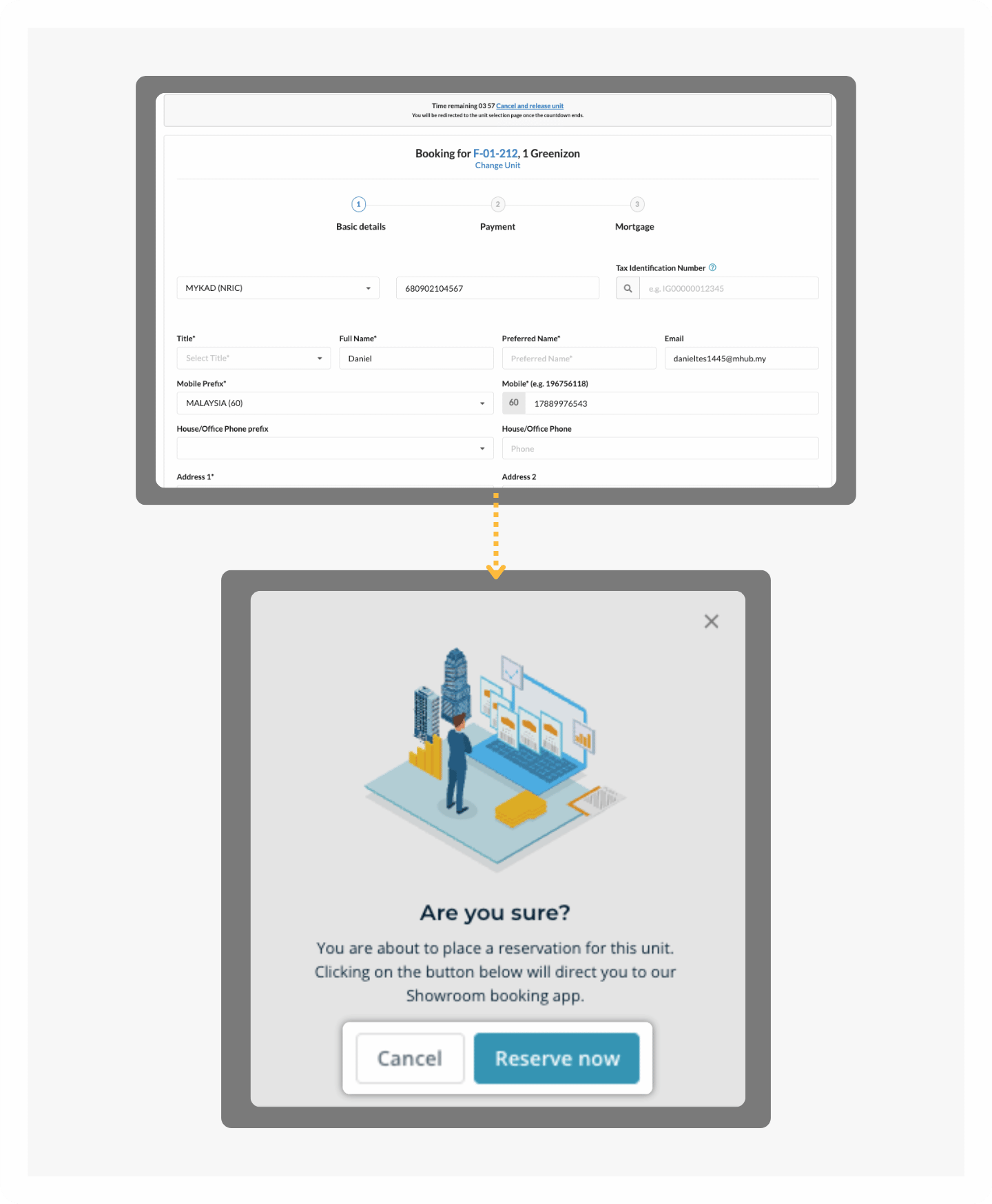 An MHub CRM opportunity moving from new through follow up and reserved to booked on Showroom.