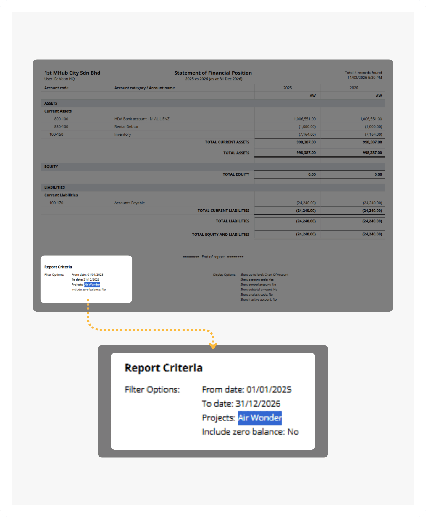 A statement of financial position with its report criteria enlarged to show the project filter.
