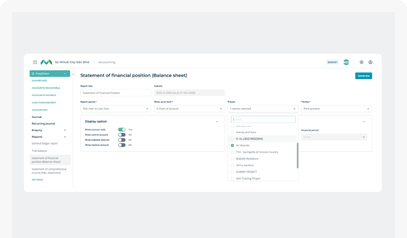 The MHub Accounting statement of financial position report builder, with project and display options.
